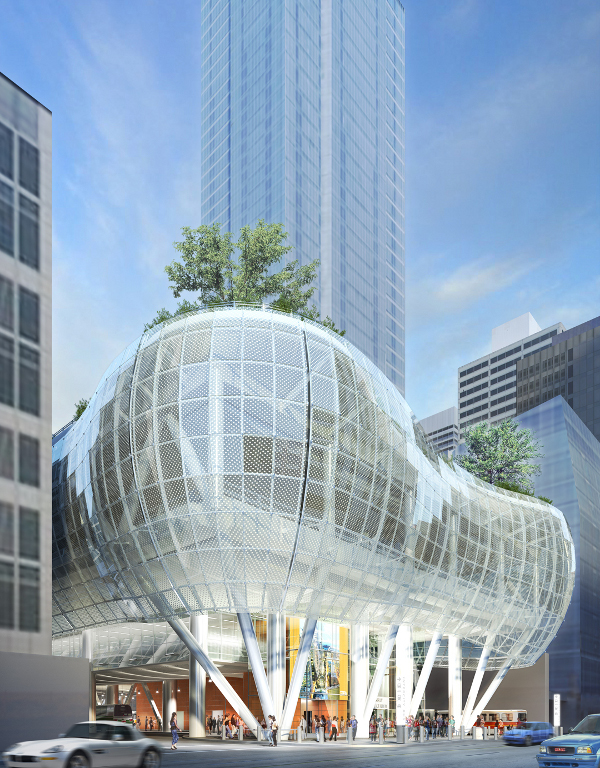 A rendering of the Salesforce Transit Center, designed by Pelli Clarke Pelli Architects with consulting from SM&W